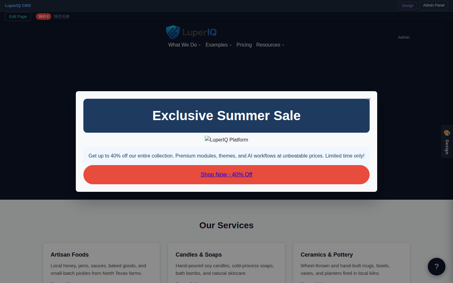 Artisan Market Demo feature with design drawer