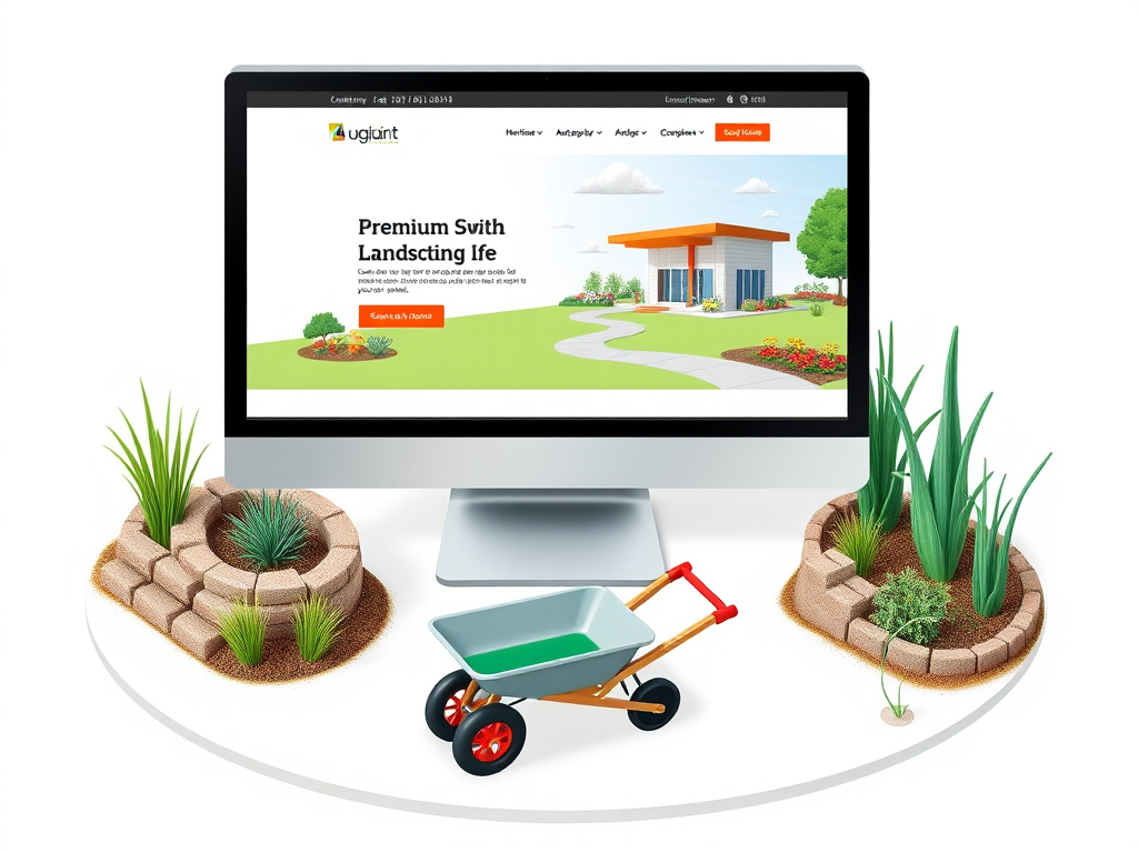 Isometric illustration of a landscaping website platform with garden design elements